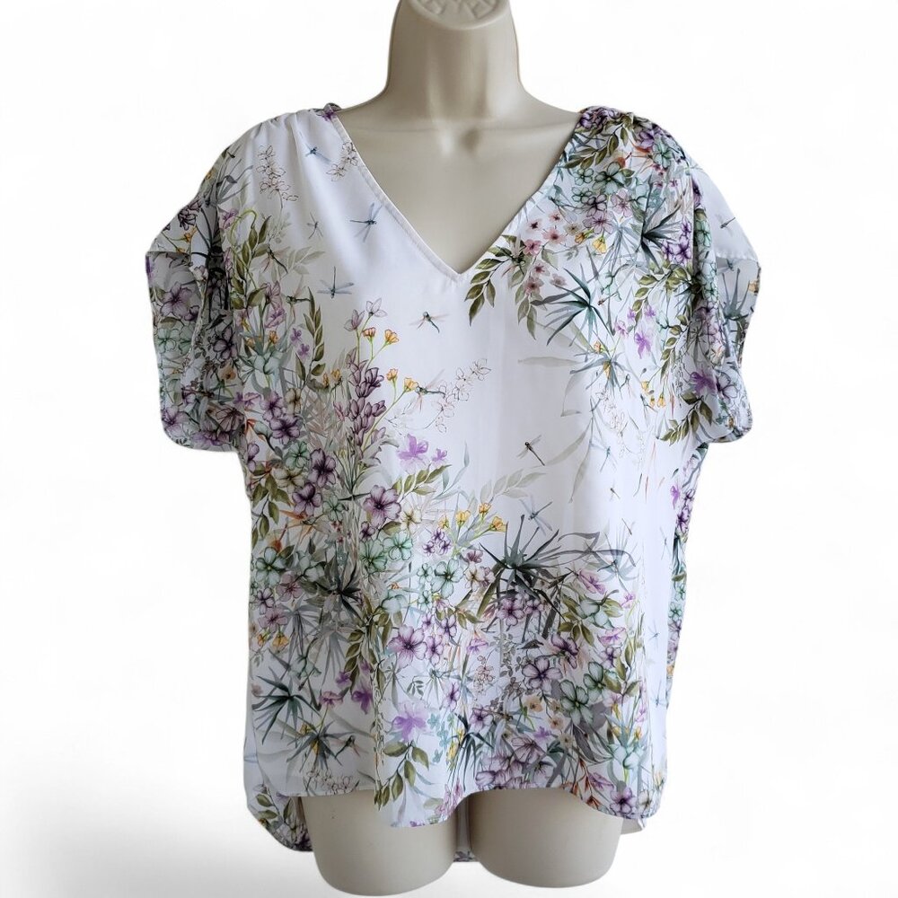 Antonio Melani layered floral with dragonflies short sleeve shirt top